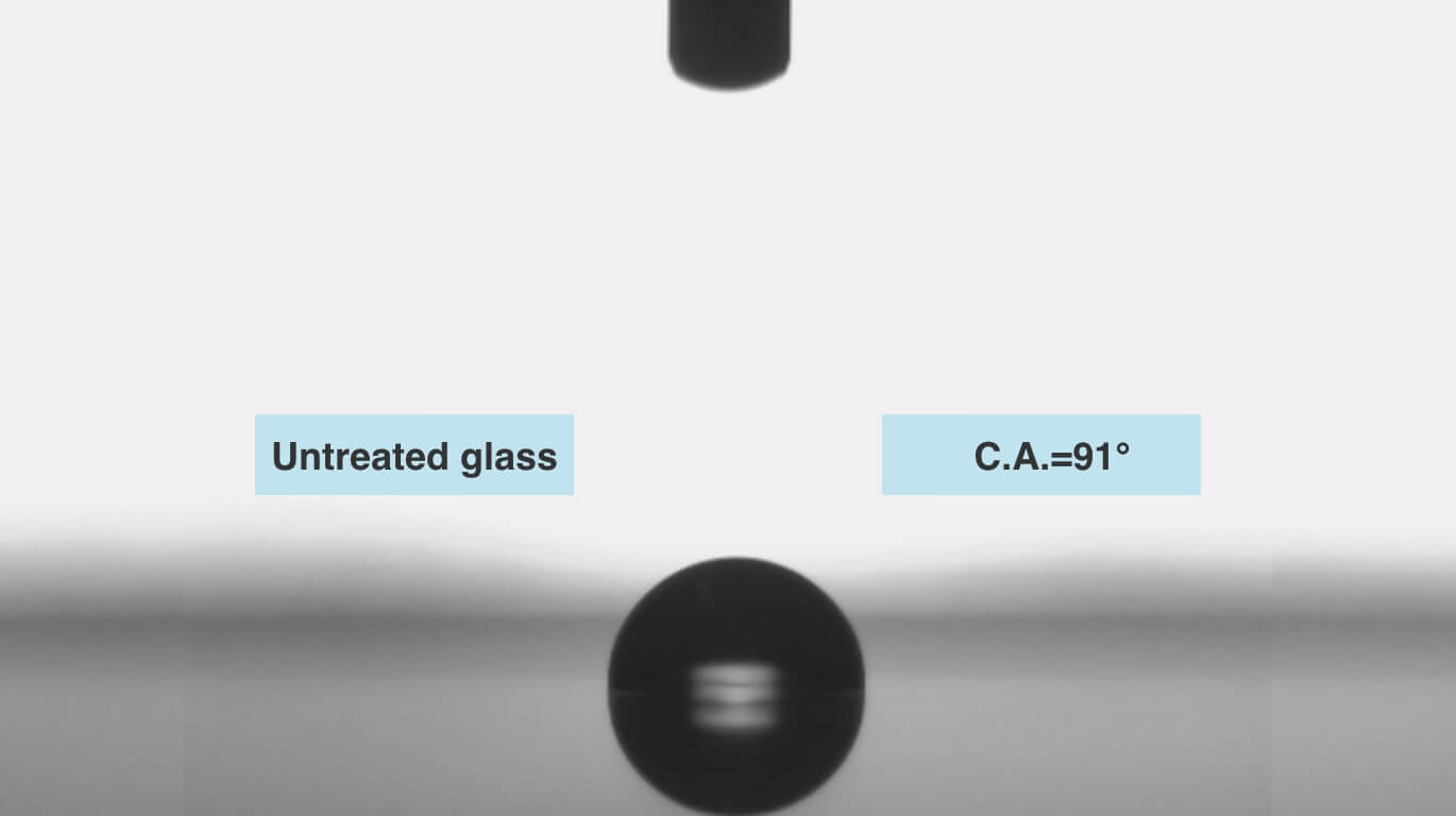 Contact angle after spray application of a commercial water repellent (Glaco) on untreated glass