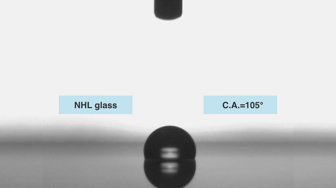 Contact angle after spray application of a commercial water repellent (Glaco) on HNL glass