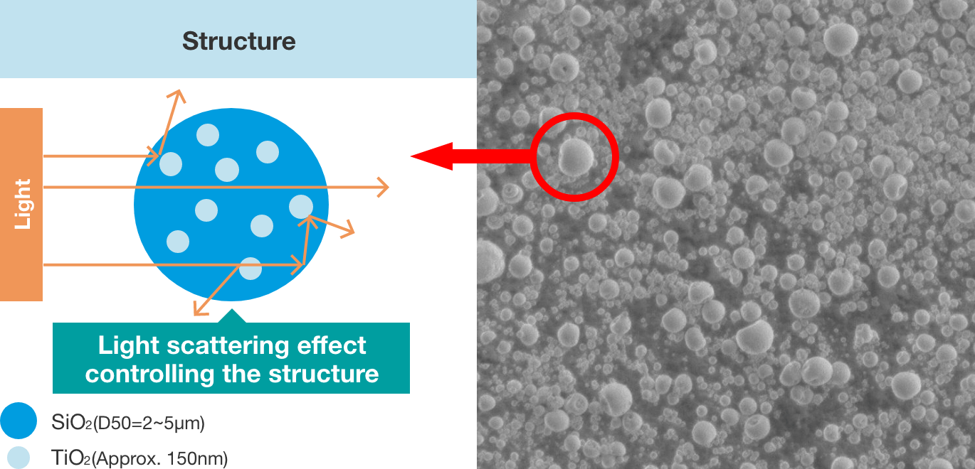 Light diffusion of i-NAFLECS® (titanium dioxide encapsulated type) and SEM image